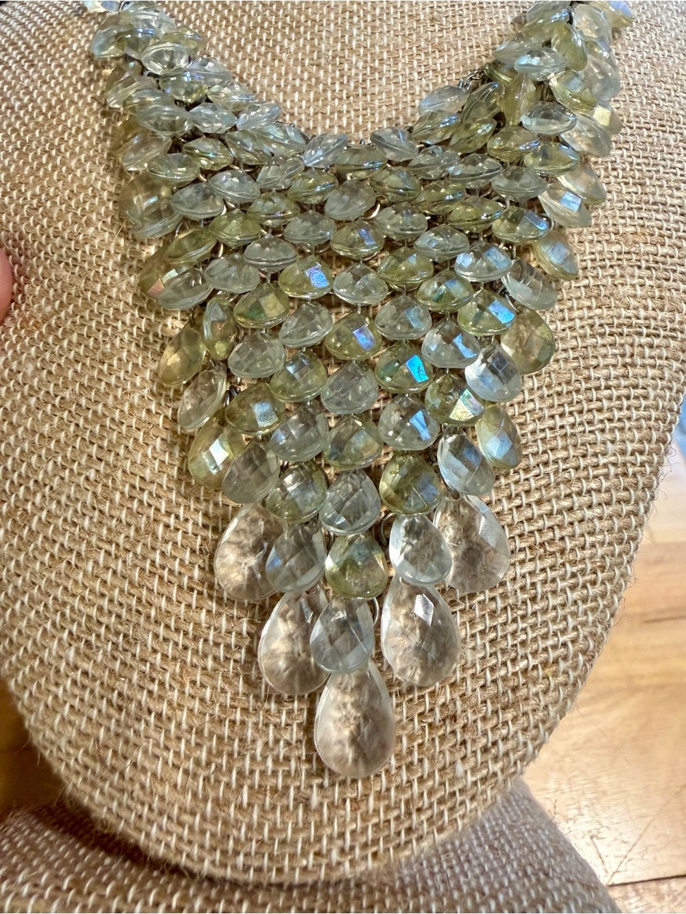 Faceted Teardrop Bib Necklace - Pale Green Crystal
